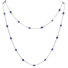 Art-Deco Sapphires Stations Chain Necklace Sautoir. This Is A Gorgeous Stations Long Sautoir, Created In America During The Art-Deco Period, Back In The 1930's. It Was Designed As A Chain Displaying Twenty-Eight Blue Sapphires Divided In Stations And Carefully Crafted In Solid .900/.999 Platinum. The Sautoir Is Fitted With A Security Lock And Can Be Used As A Single Or Double Row. It Is Decorated Between The Diamonds Stations, With Twisted Wired Elements. Sapphires: Mounted In Bezel Settings, With 28 Oval Cabochon Cut Of Translucent Blue Sapphires Weight: 10.95 Grams (7.05 Dwt). Length: 34 Inches, (86.36 Cm). Hallmarks: Unmarked, And Has Been Electronically Tested For Platin Vintage Chain Necklace, Security Lock, Sapphire Color, Long Chain Necklace, Diamond Chain, Station Necklace, Art Deco Diamond, Sapphire Stone, Art Deco Jewelry