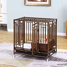 a dog cage sitting on top of a rug in a living room