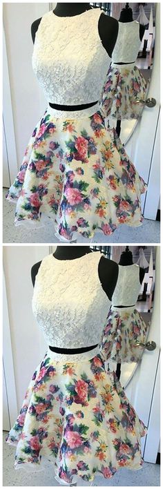 Two Piece Round Neck Sleeveless Homecoming Dress with 4 Musketeers, Fancy Items, Degree Dress, Dress Nigth, Floral Homecoming Dresses, Winter Queen, Prom Dresses 2018, Graduation Dresses, Lace Homecoming Dresses