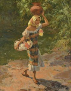 a painting of a woman carrying a pot on her head