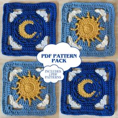 four square crocheted coasters with the sun and moon on them in blue, yellow and white