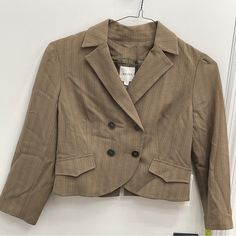 Short Contemporary Blazer, Tan Color, Brand New! Great Buy! Attached An Additional Button. About 19 Inches Long & 16 Inches Wide By Waist. Brown Button-up Cropped Jacket For Workwear, Beige Buttoned Cropped Jacket For Work, Beige Fitted Cropped Jacket With Buttons, Fitted Beige Cropped Jacket With Buttons, Beige Cropped Jacket With Buttons For Work, Tan Color, Blazer Suit, Suit Jacket, Jackets For Women