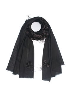 This stunning black scarf is woven from a very fine cashmere. The uniqueness of this scarf is a prominent collar made from a combination of tonal Black satin leaves and feathers making it a must-have Maneesha Ruia signature creation that will make heads turn whilst keeping you fashionably warm on any evening out. Luxury Black Scarf For Fall, Elegant Black Shawl Scarves, Formal Black Shawl Scarves, Luxury Black Winter Scarves, Luxury Black Silk Scarves, Luxury Black Silk Scarf For Evening, Chic Black Scarves For Fall, Elegant Black Winter Scarves, Black Silk Scarf For Fall