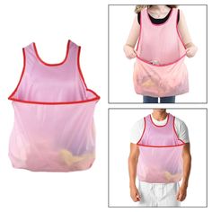 three pictures of a person wearing a pink shirt and holding a plastic bag over their shoulder