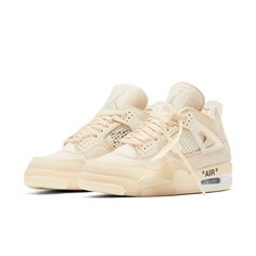 Three decades after its debut, the Air Jordan 4 gets a remake in the iconic Off-White style. Through a tasteful placement of leather, suede, mesh, and translucent materials, the "Sail" colorway is dressed in a warm cream color. Signature elements such as the zip tag and translucent heel tab further enhance the deconstructed aesthetic. Air Jordan 4 Off White, Jordan 4 Off White, Zapatillas Jordan Retro, Sneakers Nike Jordan, Jordan Off White, Original Air Jordans, Jordan 4’s, Crocs Boots, Jordan Retro 4