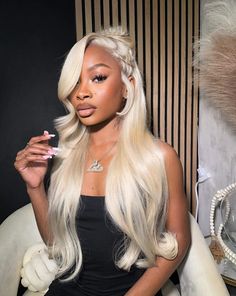 Blonde Wig Black Women Half Up Half Down, Long 613 Wig, Icy Blonde Wig Black Women, Bubble Gum Pink Lace Front Wig, 30in 613 Wig, 613 Wig On Dark Skin, White Blonde Wig Black Women, Fancy Wig Hairstyles, Platinum Blonde Streaks On Black Hair