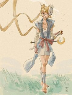 a drawing of a woman with two swords and a cat on her shoulder, walking in the grass