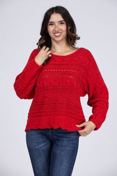 The Cozy With You Sweater by Easel is a comfy knit sweater perfect for the fall weather. This knit sweater features a scalloped hemline and bubble sleeves! The Cozy With You Sweater can be paired with any of our denim for a chic look. Fabric: 70% Polyester, 30% Acrylic Measurements: Bust (Size M): 23" Length (Size M): 24" True To Size S 0-6 M 6-10 L 10-14 Cozy Fall Pointelle Knit Cropped Sweater, Cozy Pointelle Knit Sweater For Fall, Cozy Pointelle Knit Top For Fall, Cozy Long Sleeve Pointelle Knit Cropped Sweater, Cozy Crew Neck Pointelle Knit Sweater, Winter Long Sleeve Cropped Sweater With Pointelle Knit, Cozy Pointelle Knit Sweater For Winter, Cozy Textured Knit Top, Cozy Long Sleeve Pointelle Knit Top