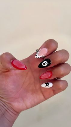 Trendy nails, almond nails, acrylic nails, nails, nail inspo, nail ideas, 8 ball nail, mismatch nails, red nails, zebra nails, french nails, aura nails, star nails, star, pink nails, Cheetah 8 Ball Nails, Red Cherry 8 Ball Nails, Red Concert Nails, Pink 8 Ball Nails, Nail Inspo Trendy Almond, Number On Nails, Red 8 Ball Nails, Nail Inspo November, Fun Nail Inspo 2024