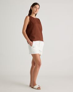 An all-year essential. This linen tank top is made from soft, textured 100% organic linen. It's perfect to layer under a cardigan or does just as well on its own on those warmer days. Especially with the matching linen pants.  | Quince | Women's Tank Top in Chocolate, Size XS, Linen Summer Workwear Tops In Flax Color, Chic Everyday Linen Tops, Chic Linen Top In Flax Color, Spring Linen Tank Top With Relaxed Fit, Brown Linen Spring Tops, Brown Linen Tops For Spring, Versatile Linen Tank Top For Spring, Sleeveless Brown Linen Top, Chic Linen Tank Top With Relaxed Fit