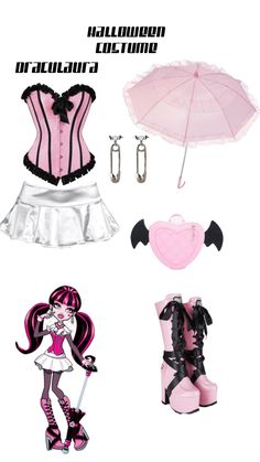 the costume is pink and white with black trimmings, boots, an umbrella, and a corset