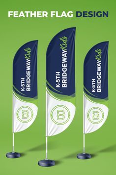 three blue and white flags with the letter b on them, in front of a green background