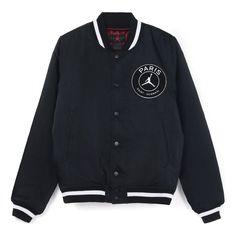 Air Jordan Paris Saint-Germain Athleisure Casual Sports Jacket Black CK9666-010 Varsity Windbreaker With Baseball Collar, Varsity Windbreaker With Baseball Collar For Sports, Urban Style Long Sleeve Varsity Jacket For Sports, Varsity Crew Neck Sports Outerwear, Urban Track Jacket With Baseball Collar For Sports, Urban Style Track Jacket With Baseball Collar For Sports, Black Sportswear Outerwear With Letter Print, Sporty Crew Neck Outerwear With Letter Print, Winter Sports Varsity Jacket With Letter Print