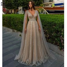 Dresses For Wedding Party, Celebrity Inspired Dresses, Evening Dresses With Sleeves, Dresses For Wedding, Cape Sleeves, Beaded Gown, Formal Dresses Prom, Party Gowns