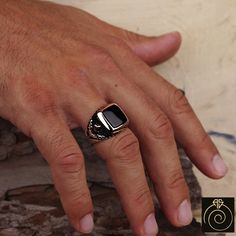 Men's onyx gemstone signet ring which will give you a head turning presence. This mystic, vintage style, engraved ring has a unique design for the polished, refined, and distinguished man. Perfect for casual and formal events, it will make your friends envious as you walk into the room full of confidence and pride. Looking for a unique, one of a kind GIFT FOR HIM, groomsman gift, father's day gift, teacher day gift? Look no further. This cool gemstone ring is the right answer and best gift for a Vintage Adjustable Black Signet Ring, Vintage Black Adjustable Signet Ring, Adjustable Engraved Black Ring, Black Onyx Signet Ring For Gift, Pearl Wedding Bands, Goth Bands, Teacher Day, Groomsman Gift, Teachers Day Gifts