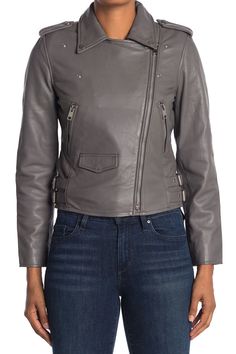 A zip front moto jacket made from lambskin leather delivers classic style. 19" length (size S) Notch collar Long sleeves with zip cuffs Front zip closure Front welt zip pockets; front flap pocket Shell: 100% leather; Body Lining: 100% cotton; Sleeve Lining: 100% polyester Professional clean Imported Model stats: 5'10", Bust: 32", Waist: 25", Hip: 36". Model is wearing size S. Cropped Moto Jacket, Dark Taupe, Notch Collar, Moto Jacket, Lambskin Leather, Flap Pocket, Welt Pocket, Snap Button, Zip Pockets