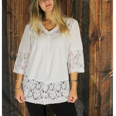 "JULIET Organic Gauze Cotton Flowers Lace Lightweight Tunic  Make your vacation days enjoyable with this fresh and cool lightweight Tunic. Mixed Gauze Cotton with floral lace at the hem and sleeves . 3/4 sleeves. Long design.   The  JULIET Tunic  is constructed with  Organic Cotton harvested  in the mountain of Peru.    Hand wash cold, dry flat/Low dry. Iron as needed.       MEASUREMENTS ARE TAKEN   BY INCHES. Based in a relaxed/LOOSE  fit.    Approx. Long Length 32-35\" SBust 34 MBust 36 LBust Casual Lace Blouse With Lace Trim, Casual Lace Trim Blouse, Spring Cotton Lace Top With Lace Trim, Casual Cotton Lace Top For Summer, Summer Lace Blouse With Lace Cuffs, Casual Lace Patchwork Blouse For Vacation, Summer Cotton Lace Top With Lace Sleeves, Casual Lace Patchwork Blouse For Beach, Summer Lace Blouse With Lace Trim