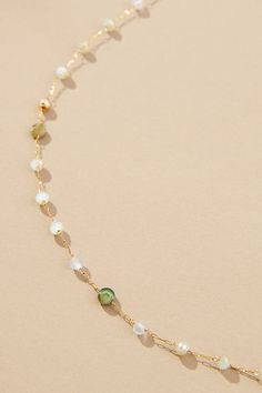 14k gold-plated brass, stone, plastic pearl Lobster clasp Imported | Mixed Bead Dainty Necklace by Anthropologie in Green, Women's, Plastic/Gold/Plated Brass Necklaces With Beads, Pearl Beaded Necklace, Green Fits, Jewelry Beaded, Christmas 2024, Green Necklace, Jewelry Inspo, Dainty Necklace, Lobster Clasp