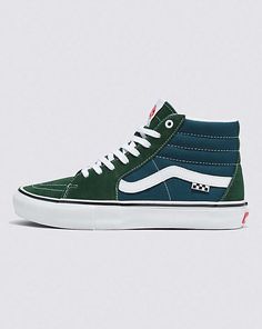 Skate Sk8-Hi Shoe Green Casual Custom Sneakers For Skateboarding, Green High-top Skateboarding Sneakers, Green High-top Skate Shoes With Gum Sole, Green High-top Sporty Sneakers For Skateboarding, Green Sporty High-top Sneakers For Skateboarding, Green High-top Sneakers For Skateboarding, Urban Green Skate Shoes For Streetwear, Green Mid-top Skateboarding Sneakers, Green Mid-top Skate Shoes For Streetwear