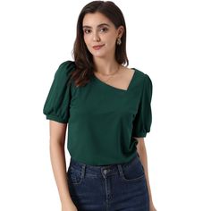 Update your casual wear collection with this trendy and versatile Casual Puff Short Sleeve Top. The asymmetrical V-neck adds a touch of modernity, while the regular fit provides all-day comfort. Made with soft fabric, this blouse offers a loose and flowy fit for maximum comfort. Perfect for both casual and semi-formal occasions. Suit for Spring, Summer, and for many occasions, such as gym, sports, yoga, weekend gathering, daily wear, office, work, school, shopping, dating, etc. Pair it with jean Fitted Green Modern Tops, Modern Fitted Green Tops, Green Fitted Top With Asymmetrical Neckline, Chic Green Asymmetrical Top, Modern Green Tops For Workwear, Casual Green Puff Sleeve Tops, Green Fitted Tops With Asymmetrical Neckline, Spring Office Top With Asymmetrical Neckline, Asymmetrical Neckline Top For Office In Spring