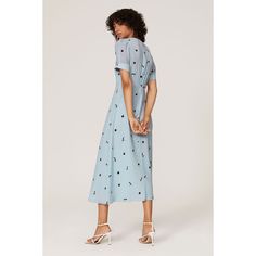 Blue printed crepe (98% Polyester, 2% Elastane). Hourglass. Short sleeves. V-neckline. Hidden center back zipper with hook-and-eye closure. Fully lined. 48.5" from shoulder to hemline. Imported. Printed V-neck Midi Dress For Evening, Formal Printed V-neck Dress, Printed V-neck Midi Dress For Daywear, V-neck Printed Midi Dress For Daywear, Summer Evening Midi Dress With Notched Neckline, Jason Wu Dress, Gathered Sleeves, Rent The Runway, Closet Designs