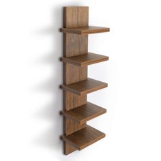 a wooden shelf on the wall with three shelves attached to one side and two sides facing each other