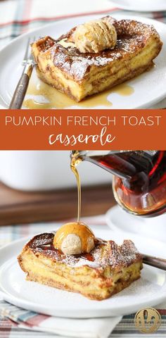 pumpkin french toast casserole on a plate with syrup being drizzled over it