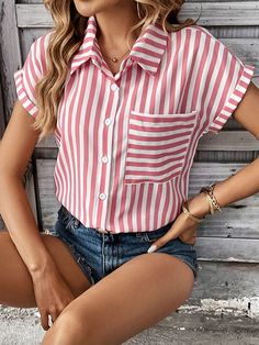 SkuCY-!160905MaterialPolyester StyleLoose , Short Sleeves FeatureContrast Color , Striped , Split-joint NecklineLapel OccasionCasual , Office , Urban SeasonsSpring , Summer , Autumn TypeBlouses&shirts Tops ColorRED,PINK,BLUE,BLACK,LIGHT BLUESizeS,M,L,XL,2XL Please consult the size chart we provide for this item's measurements to help you decide which size to buy.Please note: There may be 1-3cm differ due to manual measurement.CMINCHBustLengthS9663M10064L10665XL112662XL11867 Shirt Collar Styles, Contrast Collar, Casual Stripes, Pocket Shirt, Loose Shorts, Daily Dress, Blouse Styles, Stripe Print, Elegant Fashion