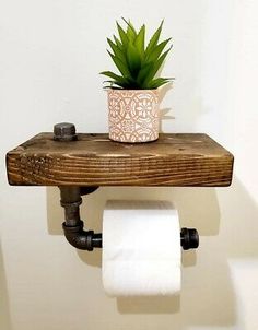 a potted plant sitting on top of a wooden shelf above a toilet paper roll