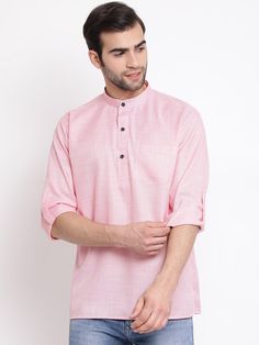 Vastramay Men's Pink Cotton Blend Short Kurta Casual Pink Cotton Kurta, Casual Cotton Tops For Eid, Cotton Casual Kurta For Eid, Casual Cotton Kurta For Eid, Casual Pink Kurta For Summer, Casual Pink Summer Kurta, Pink Cotton Straight Kurta Top, Pink Straight Kurta For Summer, Traditional Pink Cotton Kurta