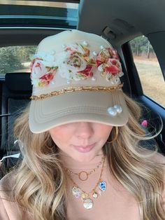 Trucker hat is adjustable in the back. Hat chains are removable and interchangeable with clasps on each end. Please allow up to 1-2 weeks for your order to ship as this is a custom item. Thank you for shopping Chloe Beth Designs! I Made 18k Selling This Hat, Custom Ball Hat, Christinerae Hat, Jgl Hat, Decorated Hats Ideas, Cute Trucker Hats For Women, Custom Hat Ideas, Trucker Hat Designs, Hat With Pearls