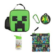 Lunchtime will feel like an adventure for your little Minecraft fan when they have this 4-piece combo set. The insulated lunchbox has been custom-designed with a carrying handle and a big, green Creeper face. The lunchbox’s mesh side pocket offers the perfect place for the Minecraft water bottle with its spill-proof lid and built-in straw, while a matching utility case is ideal for transporting utensils, pencils, other snacks, and more! Finally, a Creeper rubber keychain adds a fun detail to you Green Functional Lunch Bag For Outdoor Activities, Functional Green Lunch Bag For Outdoor Activities, Back To School Rectangular Lunch Box For Outdoor Activities, Green Rectangular Lunch Bag For Outdoor Activities, Rectangular Lunch Box For Back To School, Functional Green Lunch Bag For Outdoor, Functional Green Lunch Box For School, Minecraft Water Bottle, Green Rectangular Lunch Bag For Outdoor