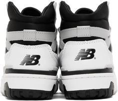 High-top paneled buffed leather and mesh sneakers in white. Perforated detailing throughout. · Lace-up closure · Logo patch at padded tongue · Padded collar · Logo appliqué at sides · Logo embossed at sides and heel counter · Mesh lining · Treaded rubber sole Supplier color: White/Black New Balance High Tops, Grey New Balance, New Balance White, Mesh Sneakers, Black High Tops, New Balance Sneakers, Sneakers Grey, Mens Sportswear, Sneaker Collection