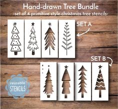 christmas tree stencils are shown on a wooden background with the instructions for how to use