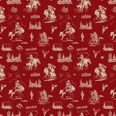 a red background with white images of horses and cowboys on them, all in different sizes