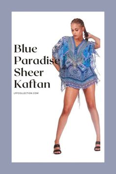 Looking for a glamorous addition to your wardrobe? Look no further than the Blue Paradise Sheer Kaftan! This must-have piece is the perfect combination of luxury and style. Crafted with silky poly georgette, it feels as luxurious as it looks. The Blue Fantasy mix media print is a stunning combination of paisleys and flowers that will turn heads wherever you go. Blue Georgette Blouse For Summer, Elegant Summer Georgette Blouse, Chic Fitted Summer Kaftan, Blue Chic Kaftan For Summer, Chic Blue Kaftan For Summer, Summer Tunic Dress In Georgette, Elegant Silk Blouse For Vacation, Blue Silk Summer Kaftan, Summer Georgette Tunic Kaftan