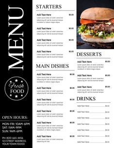 a menu for a restaurant with burgers and drinks on the side, in black and white