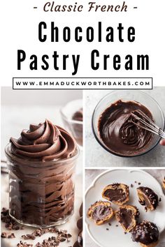 chocolate pastry cream in a glass jar with the words classic french chocolate pastry cream above it