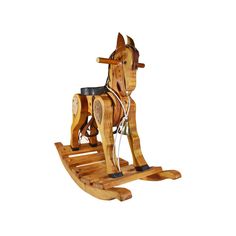 a wooden rocking horse on a white background