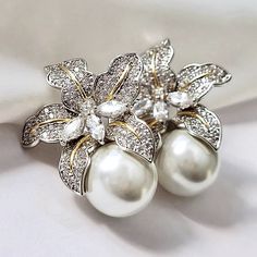 Wedding Jewelry - Orchid Two-Tone Pearl and Cubic Zirconia Bridal Earrings Fleur Design, Silver Pearl Earrings, Wedding Party Jewelry, Square Earrings Studs, Earrings Women, Pearl Types, Pearl Stud Earrings, Pearl Studs, Silver Pearls