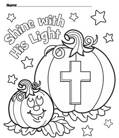 a coloring page with a pumpkin and a cross on it's side, which says shine with his light