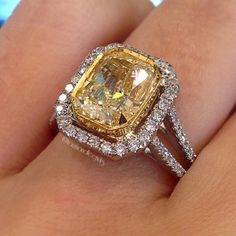 Yellow Diamond Ring, Yellow Cushion, Halo Style Engagement Rings, Yellow Diamond Rings, Fancy Yellow Diamond, Dream Engagement Rings, Bling Rings, Mellow Yellow, Gorgeous Jewelry