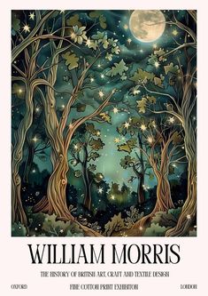 the front cover of william morris's book, with trees and stars in the sky