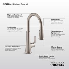 With clean lines and a soft teardrop base, the Tone kitchen faucet collection features a fresh take on mid-century modern style. This inviting design, where minimalism meets warmth, makes for a perfect fit in any space. Paired with thoughtful functionality, the Tone collection is a dynamic beauty. KOHLER Tone Matte Black with Moderne Brass Single Handle Pull-down Kitchen Faucet with Sprayer | K-23764-BMB Kitchen Faucet With Sprayer, Water Dispensers, Clean Sink, Kitchen Faucets, Mid Century Modern Style, Kitchen Faucet, Polished Chrome, Clean Lines, Faucet