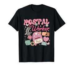 a black t - shirt with the words postal worker written in pink and white letters