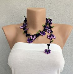 Beaded Crochet Necklace Purple Flower Long Lariat Turkish | Etsy Handmade Purple Lariat Necklace, Purple Bohemian Crochet Jewelry, Purple Bohemian Flower Necklace, Handmade Bohemian Purple Flower Necklace, Handmade Adjustable Purple Flower Necklace, Handmade Purple Bohemian Flower Necklace, Adjustable Purple Flower Necklace, Bohemian Purple Flower Necklace, Beaded Crochet Necklace