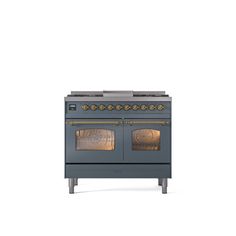 a blue stove with two ovens on it