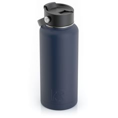 a blue stainless steel water bottle with a black lid is shown on a white background