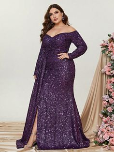 Product Code: FSWD0392P Embellishment: Sequin Fabric: 100% Polyester Back Style: Zipper Up Fully Lined: Yes Built-in Bra: No Available Color: Purple Stretch: Moderate Fits true to size Imported Model Information Height: 5' 3" Bust: 41'' Waist: 30.5“ Hips: 53” wearing US size 1X Blue Plus Size Dresses, Ruffle Dress Long, Cocktail Dress Maternity, Mothers Gowns, Plus Size Lace Dress, Split Thigh Dress, Plus Size Sequin Dresses, Plus Size Maternity Dresses, Maternity Evening Dress