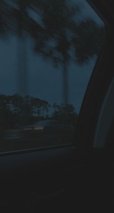 the back window of a car at night with palm trees in the background and rain on the windshield